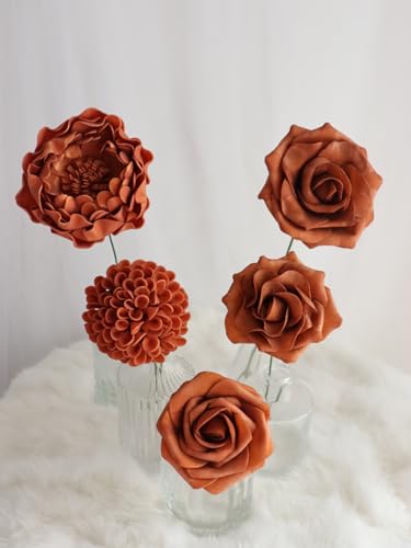 Burnt Orange Artificial Flowers Combo Mixed Flowers with Stem for DIY Wedding Bouquets Centerpieces Baby Shower Party Home Decorations - color: Classic Burnt Orange