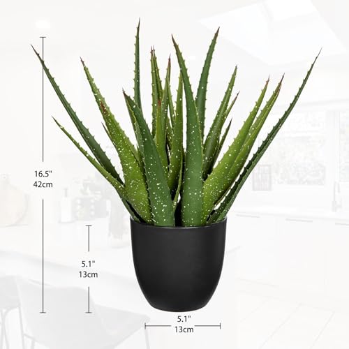 GnFlus Large Fake Succulent Aloe Vera Plants 16.5 Inch Artificial Succulents with Black Pot Faux Aloe Potted Plant for Desk Modern Home Office Bedroom Living Room Table Shelf Decor - color: Green