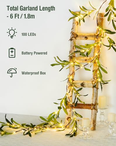 JMEXSUSS Artificial Olive Lighted Garland for Fireplace Decor, 100 LED 6 Ft Christmas Mantel Garland Fairy Lights Battery Operated, Vines with Lights for Table Bedroom Wedding Easter Spring Decoration - color: Olive