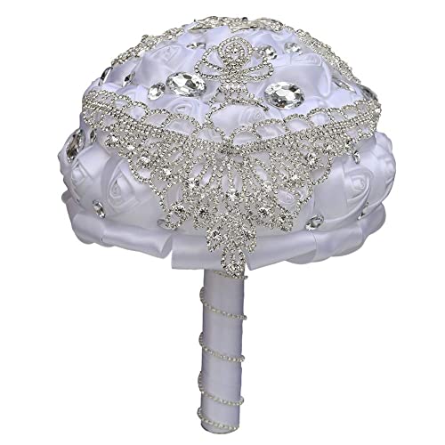 Big Size (8.26") Handmade Rhinestones White Bridal Wedding Bouquet Diamond Bridesmaids Satin Rose Flower with Ribbon for Wedding Time of Marriage (White) - color: White