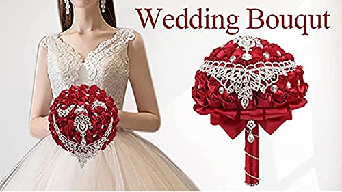 Handmade Luxury Wedding Bridal Bouquet Large Silk Rose Holding Toss Artificial Flowers Bouquets with Satin Ribbon Pearls Rhinestone for Bride Vintage Royal Wedding Bouquet (Dark Green) - color: Dark Green