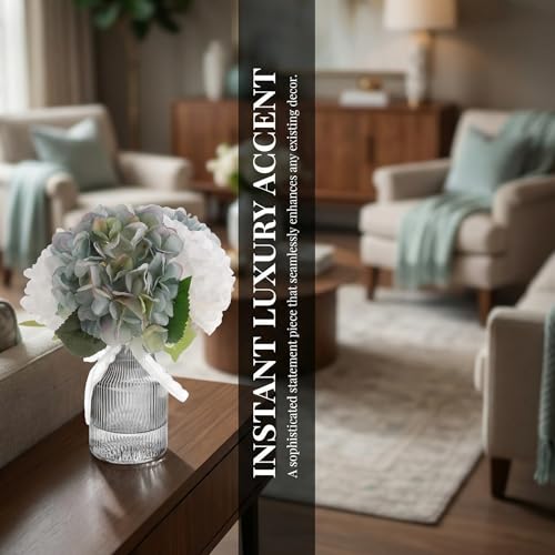 Fake Flowers in Vase,11" Small Full Silk Hydrangea Artificial Flowers Arrangment for Bathroom Bedroom Office Desk Decor White Faux Flower Decor (Blue in Black Vase) - color: Blue in Black Vase