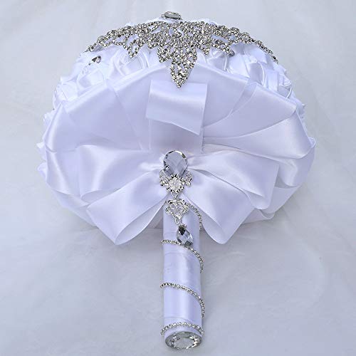 Handmade Luxury Wedding Bridal Bouquet Large Silk Rose Holding Toss Artificial Flowers Bouquets with Satin Ribbon Pearls Rhinestone for Bride Vintage Royal Wedding Bouquet (White) - color: White