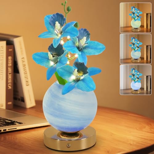 Flower Table Lamp, 3 Colors Orchid Night Light, Cordless Touch Dimming Artificial Flower with Vase Lamp, LED Desktop Decorative Landscape Lights for Festival Party Home Decor (Blue Orchid) - color: Blue Orchid