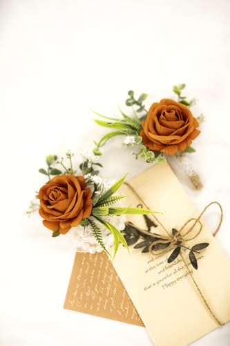 Ansofi Burnt Orange Corsage and Boutonniere Set Artificial Rose Flower Wrist Corsage and Boutineers for Groom Groomsmen Bride Bridesmaids Prom Rustic Vintage Wedding Decor - color: Burnt Orange