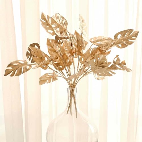 Efavormart 4 Pack 14 inch Metallic Gold Artificial Monstera Leaves Bushes, Tropical Palm Leaf Bunches Vase Fillers for Boutique Displays and Small Centerpieces - color: Type23