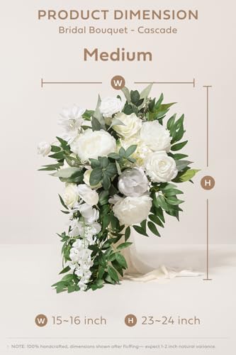 Ling's moment White Bridal Bouquet Cascading, Ivory Wedding Bouquets for Bride, 15 Inch Bride Bouquets for Wedding Artificial Flowers Bouquets - color: Wht-white & Ivory, size: Medium 15 Inch