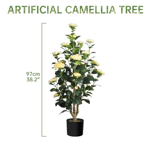 MARCH WIND 3FT Light Yellow Artificial Camellia Plants 2 Pack with Pots, Faux Flowering Tree for Indoor Outdoor Home Decor, Fake Potted Plant for Living Room, Porch, Patio - size: Light Yellow Camellia - 3FT