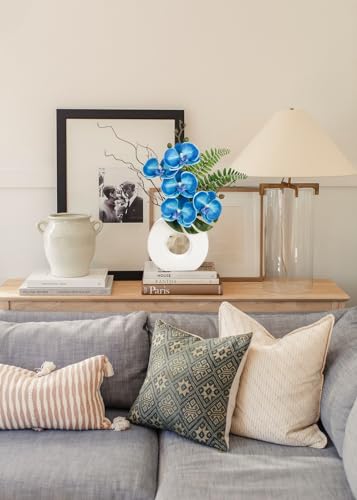 Briful Orchid Fake Flowers 16.1'' Blue Artificial Orchid Silk Flowers with Vase Faux Orchid Arrangement for Home Office Bathroom Desk Modern Decoration - color: Blue