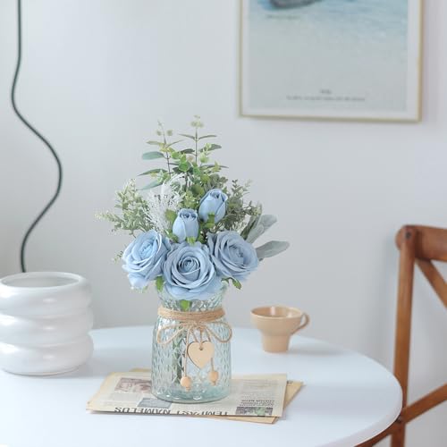 Faux Flowers with Vase,Artificial Silk Roses in Vase, Fake Plant Eucalyptus Flower Arrangement for Home Office Farmhouse Bathroom Dining Table Centerpiece Decorations Coffee Table Decor (Dusty Blue) - color: Dusty Blue