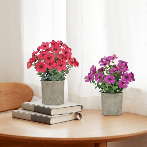 2 Pack Small Fake Plants Potted Artificial Plants Artificial Flowers Potted Faux Flower Daisy with Eucalyptus Leaves for Home Decor Office Room Farmhouse Indoor Table Bathroom Decor（Purple&magenta） - color: Purple and Magenta