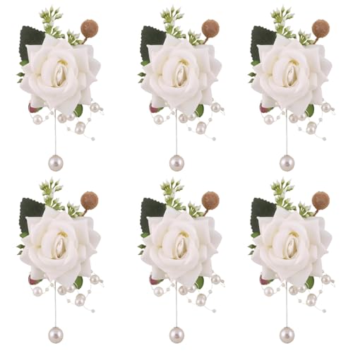 Ivory Boutonnieres Set of 6 for Groom Groomsmen Best Man Artificial Rose Flower Formal Party Boutonniere for Men Suit Prom Wedding Graduation Homecoming Ivory - color: Ivory Boutonnieres (6pcs)