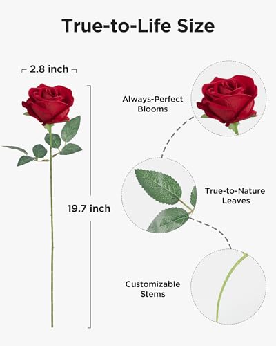 InnoGear 50 Pcs Red Roses Artificial Flowers, Fake Velvet Silk Rose Bulk Faux Flower for Mother's Gift Decoration DIY Wedding Centerpieces Proposal Bridal Bouquets Party Floral Decor (50, Red) - color: Red