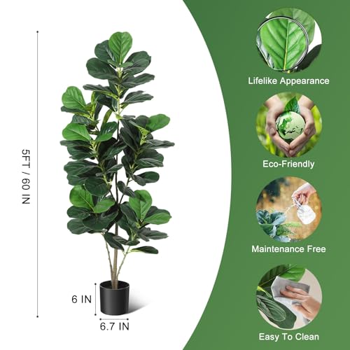 IDEALHOUSE 5FT Artificial Fiddle Leaf Fig Tree, Fake Fiddle Leaf Fig Plant with Realistic Leaves, Potted Faux Tree for Indoor Home Office Living Room Decor, 60 Inch - size: 5ft