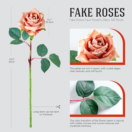 Ttranewsoo Fake Roses Faux Flowers Silk Roses Artificial Roses with Stems Realistic Artificial Flowers Suitable for Indoor Home Decoration Diy Bouquet Wedding Decoration Party Decor 24PCS Khaki 16.5In - color: Khaki 24pcs