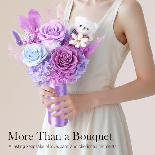 Preserved Flowers Bouquet with Bear, 3 Real Forever Flowers for Delivery, Long-Lasting Purple Eteranl Roses Bouquet, Anniversary Birthday Gifts for Women Mom Her Girlfriend Wife - color: Purple