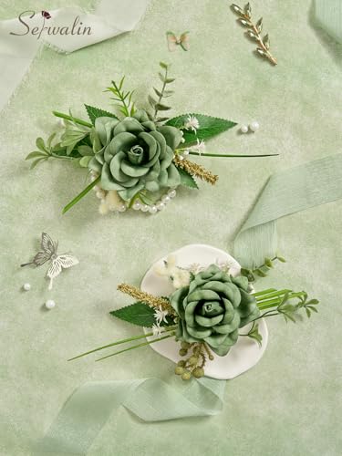 Serwalin 2 Pcs Wrist Corsage and Boutonniere Set, 6-7 Inch Green Corsage for Wedding, Boutonniere for Men Corsage Wristlet Prom Ceremony Anniversary Accessories Suit - color: Green, size: 1 Boutonniere & 1 Wrist Corsage-2pcs