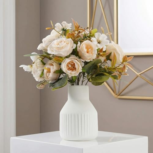 Small 10" Fake Fake Flowers in Vase Silk Roses Artificial Flowers in Ceramic Vase,Faux Flower Plant Arrangement for Home Office Farmhouse Bathroom Dining Table Centerpiece Decorations (White)