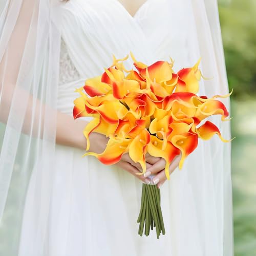 24 Pcs Orange Artificial Calla Lily Flowers Fake Orange Silk Flowers Real Touch for Wedding Bouquet Office Home Kitchen Decor - color: Red-yellow