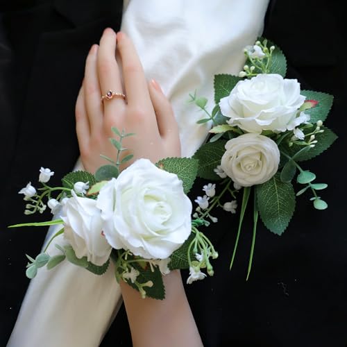 Elegant Corsage and Boutonniere Set, Artificial Rose Wrist Corsage with Pearl Bracelet & Men's Lapel Pin, Matching Faux Flowers for Prom, Homecoming, Wedding, Bride and Groom - color: White