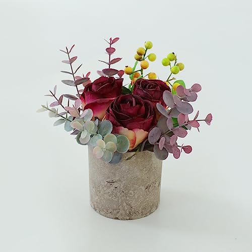 Small Artificial Burnt Burgundy Rose Potted Plant, 6" Fake Silk Flowers in 3" Cylindrical Pot, Mini Faux Floral Arrangement for Desk Shelf Bathroom Decor - color: Burnt Burgundy