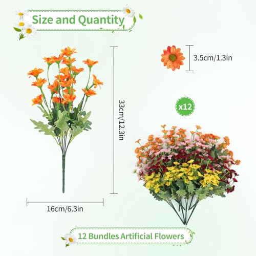 12 Bundles Daisy Artificial Flowers for Outdoors, Faux Daisies Artificial Flowers, Realistic Fake Mum Daisy Flowers, Faux Daisy Flowers for Front Porch, Garden, Yard, Home Decor, 13in (Mixed Colors) - color: Daisy-mixed Colors