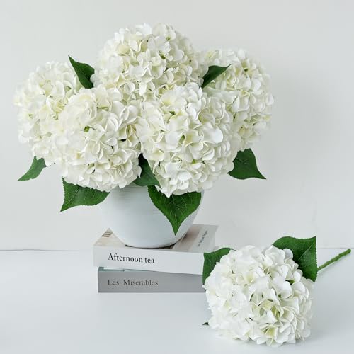 ZYTUYO 5 Pcs White Silk Hydrangeas Aritificial Flower Boho 20'' Faux Dried Touch Hydrangeas for Spring Indoor Home Decor Kitchen Living Room Porch Outdoor Wedding Flower Arrangement - color: White