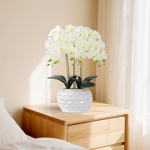Orchid Artificial Flowers with White Vase Large Silk Faux Phalaenopsis Flowers for Dining Room Table Floral Centerpieces Indoor Decoration,White - color: 1332-white