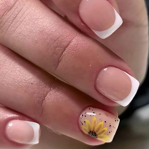 French Press on Nails Square Short Sets, 24Pcs Glossy Artificial Nude Fake Nails with Sunflower Designs, Full Cover Acrylic Coffin False Fingernails with Charm for Women Girls