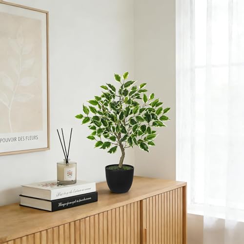 Artificial Potted Plants Indoor,19" Faux Plants Ficus Leaves Trees in Pot Realistic Fake Plant Indoor Potted for Living Room Office Farmhouse Room Bathroom Bedroom Kitchen Plant Decor Green and White - color: Green and White