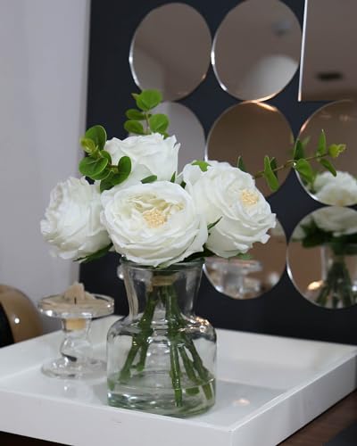 CHASMILE Artificial Flowers with White Roses in Vase, Fix Lifelike Fake Flowers in Vase with Artificial Water, Faux Flower Arrangements for Dining Table Centerpiece Decor - color: White Simulated Rose With Vase