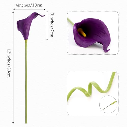 Artificial Calla Lily 12Pcs Purple Real Touch Faux Flowers for Wedding Bouquet, Bride Bridal Shower, Spring Home Kitchen Table Decor, Fake Lilies for Centerpieces, Party Decorations - color: Deep Purple