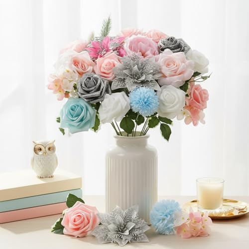 Artificial Flowers Combo Box Set, Silver Pink Silk Flower, Roses Poinsettia Faux Flowers for DIY Wedding Arch Bridal Shower Centerpieces Vase Arrangement Birthday Party Home Table Decor - color: Silver & Pink
