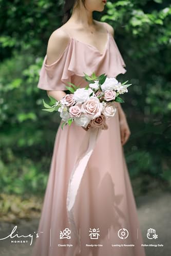 Ling's moment Dusty Rose Artificial Flowers and Greenery Combo Box Set,Can Make Into a 7" Bridesmaid Bouquet or Other Floral Arrangement - color: Dusty Rose & White
