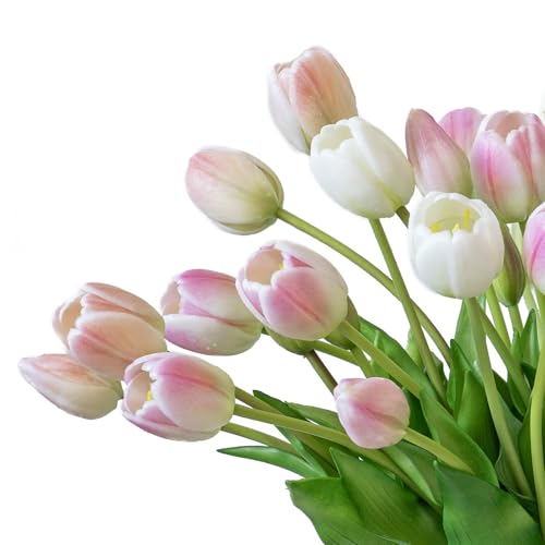 DUYONE 40pcs Artificial Tulips Flowers, Latex Bouquet,Fake Tulips for Office Wedding Party Home Kitchen Garden Decoration-B Peach Pink Set - color: B Style-40pcs Peach Pink Set(no Vase)
