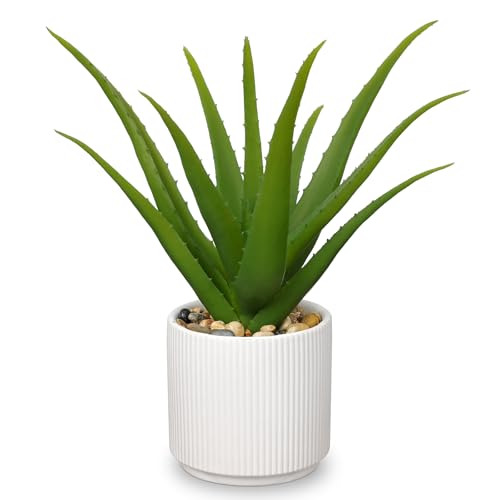 GnFlus Artificial Succulent Aloe Plants 12 Inch Faux Succulents with Ceramic Pot Fake Aloe Potted Plant for Home Indoor Bathroom Table Bedroom Shelf Office Decor - color: Green Aloe-13"
