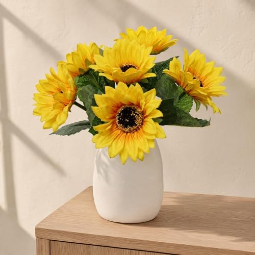 Larksilk 2 Pack 14" Artificial Sunflower Bundle – 6 Stems, Faux Yellow Sunflowers for Vase, Home Décor, Centerpieces, Weddings