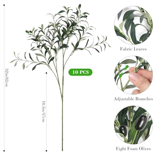 10PCS 32inch Artificial Olive Branches Long Thicken Faux Olive Stems Greenery Plants with Lifelike Olives and Silk Leaves for DIY Floral Crafts Office Wedding Home Decor (Vase Not Included) - size: 32in
