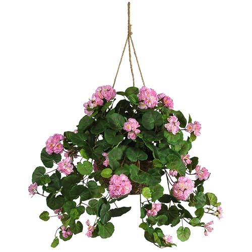 Nearly Natural 24in Artificial Geranium Hanging Basket Faux Floral Plant For Home Decor, Pink - color: Pink