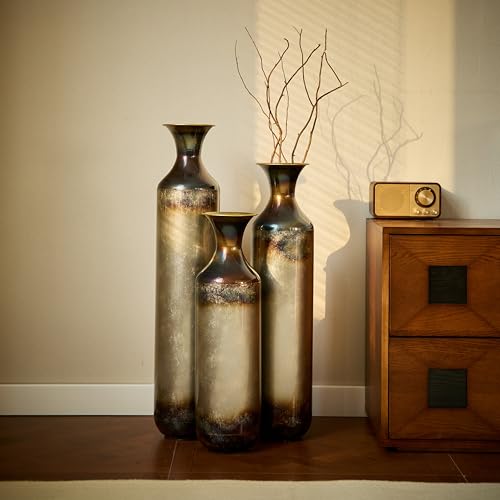 Metal Decorative Vase Tall Floor Centerpiece Antique Vases for Living Room, Set of 3 Vases for Home Decoration 28", 24", 20" Height, Steel Gray - color: Floor Vases Steel