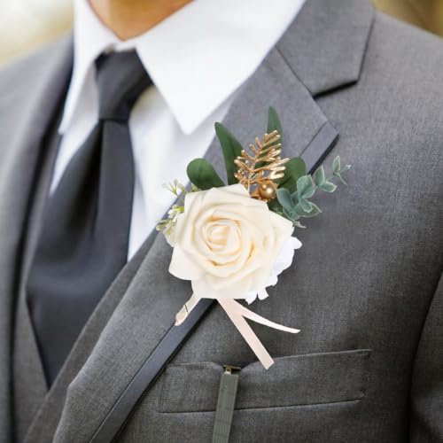 Champagne Rose Wrist Corsage Bracelet Wristlet Band and Men Boutonniere Set Artificial Flowers Corsage Wristband Boutonniere Set for Wedding Prom Bride Groom Homecoming Suit Decorations - color: Champagne