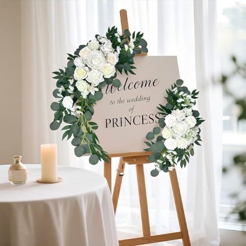 Wedding Arch Flowers Set of 2 White Floral Swag for Wedding Ceremony Backdrop and Reception Decoration - color: White