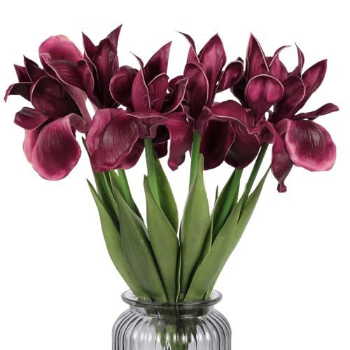 Iris Flowers Artificial Real Touch Flowers 6 PCS 18.9 in Long Stems Artificial Iris for Decoration for Wedding Bridal Home Kitchen Party(Burgundy) - color: Burgundy