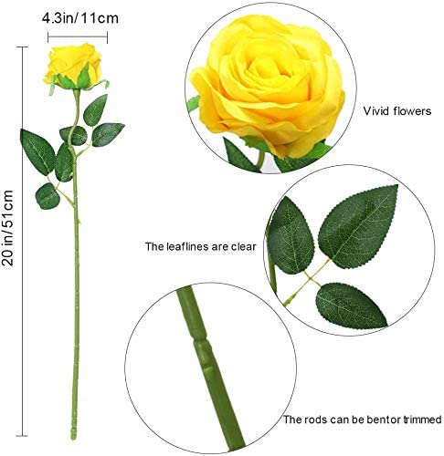 12 PCS Artificial Flowers Roses Silk Flowers Fake Long Stem Artificial Roses for Home Wedding Decorations (Yellow) - color: Yellow