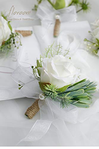 Floroom Set of 6 Ivory Rose Boutonnieres for Best Men Groom Groomsmen White Wedding Prom - color: 6 Boutonnieres
