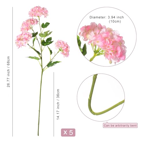 Pink Hydrangea Artificial Flowers, 5Pcs 26.8" Faux Hydrangea Bouquet with 4 Head, Silk Fake Flowers with Stems for Vase, Wedding Bouquet, Home Decor, DIY, Baby Shower, Centerpieces Tables Decoration - color: Pink