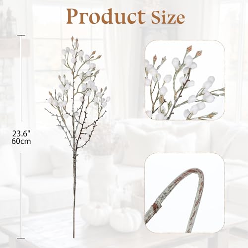 GnFlus 3Pcs Artificial Cotton Branches Fake White Flowers for Winter Spring Indoor Boho Decoration,Faux Long Stem Artificial Flowers for Wedding Home Office Bedroom Party Table Centerpieces - color: Cotton - White
