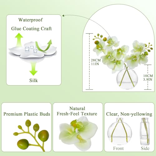Green Textured Coated Silk Artificial Orchid Flowers with Clear Glass Vase and Faux Water, 11" Faux Phalaenopsis Orchid Arrangement Centerpiece for Dining Table Bathroom Decor - color: A-green