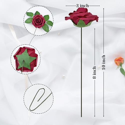 9 Pcs Artificial Flowers Fake Rose with Stems - Burgundy Real Touch Foam Roses for DIY Wedding Bouquet Bridal Shower Cake Toppers Centerpiece Table Valentines Day Supplies Decorations - color: Burgundy, size: 9Pcs