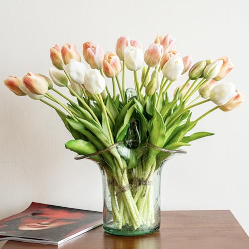 DUYONE 40pcs Artificial Tulips Flowers,Soft Touch Latex Bouquet,Fake Tulips for Office Wedding Party Home Kitchen Garden Decoration - color: 40pcs Champagne Set (No Vase)